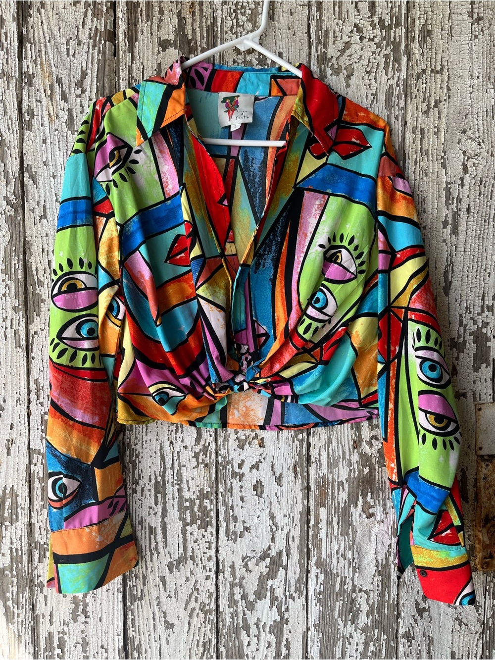 Live 4 Truth Multicolor Abstract Eye-Print Cropped Tie-Front Top